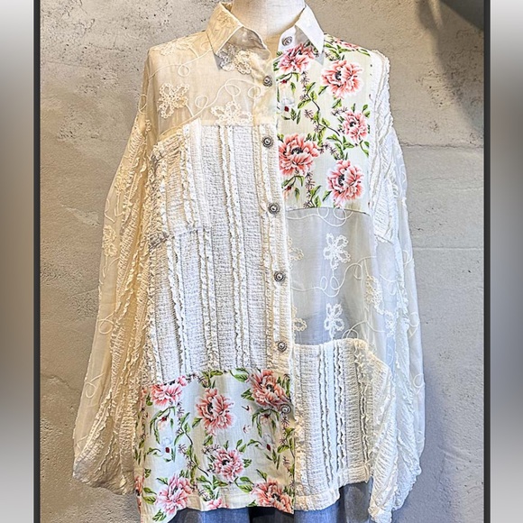POL Pants - P6068-(POL) MATCHING JACKET—Floral Patchwork Cream Lace Crochet Jacket